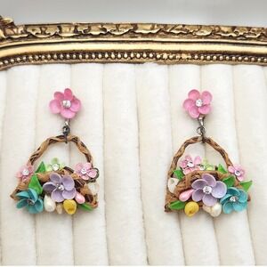 Vintage Floral Basket Earrings Screw Back Pastel Flowers Rhinestone Mid Century